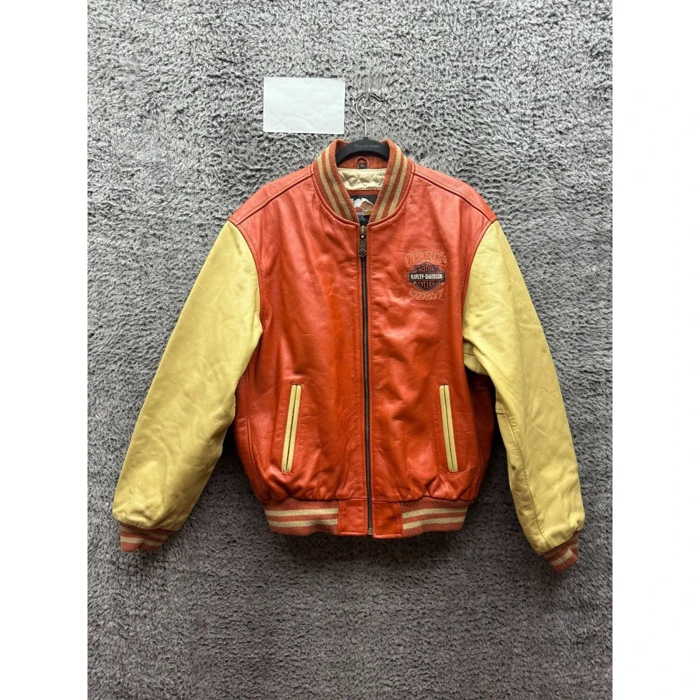 Vintage Harley-Davidson Genuine Leather Varsity Jacket Red Beige Mens Size L